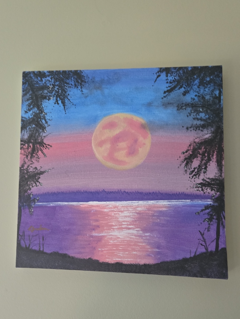 Purple Moonlit Lake Original Canvas Wall Art 10x10